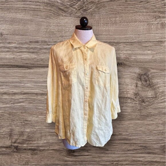 Kim Rogers Women's Yellow LINEN Blouse Button Front Closure Flat Collar L PETITE - Picture 1 of 9